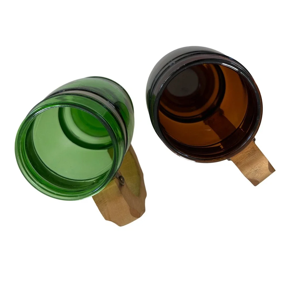 Vtg 1950s‎ 1960s Mid Century Glass Mugs w/ Wood Handles Brass Bands Green Amber